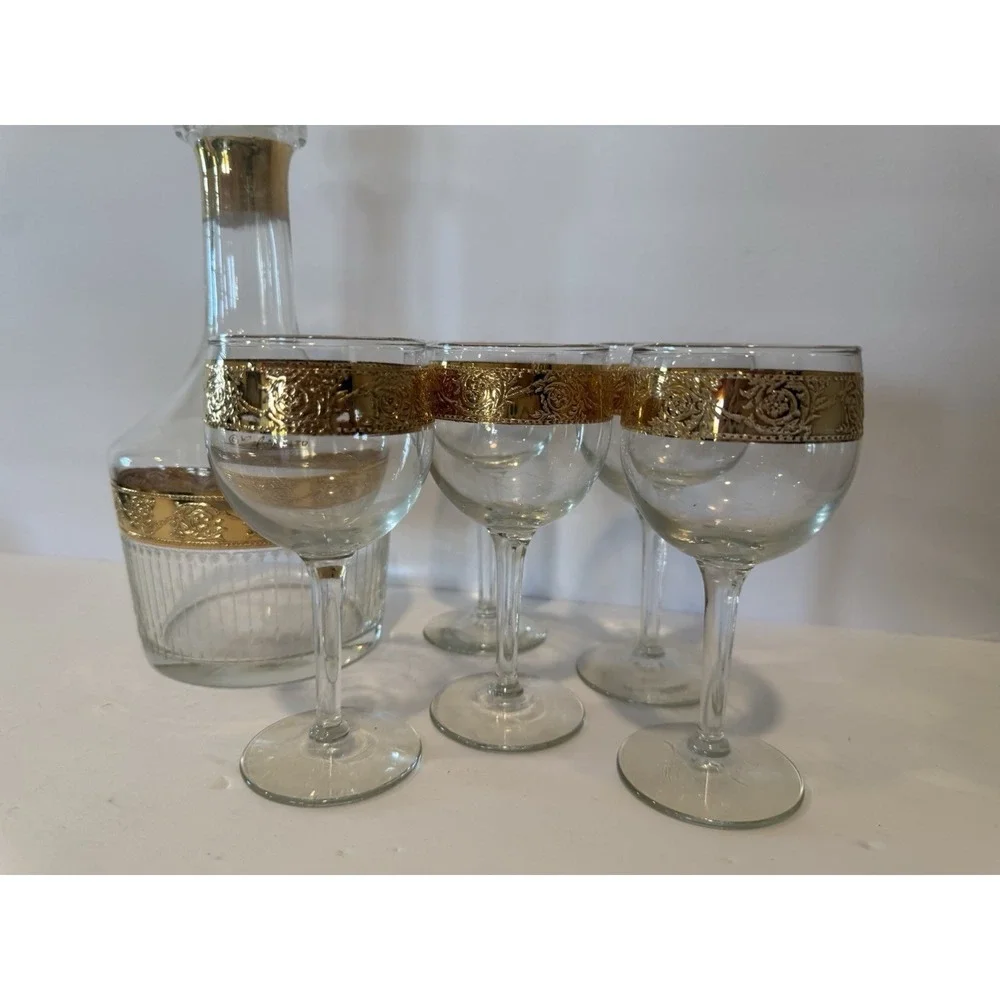 Vintage Culvers Ltd Tyrol 22K Gold Decanter & 5 Wine Glasses Made in USA 1960s